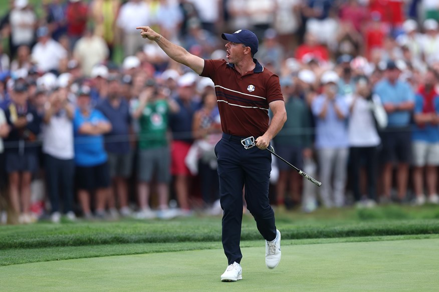 Rory McIlroy makes his feelings clear to the Bethpage fans at the Ryder Cup during his Saturday fourballs match.